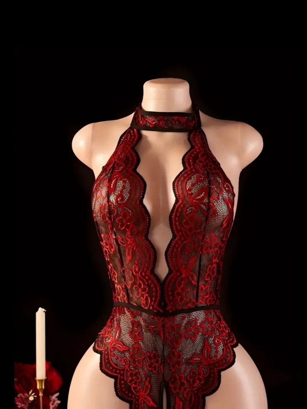 Red Lace Halter Teddy Bodysuit - Women Intimates